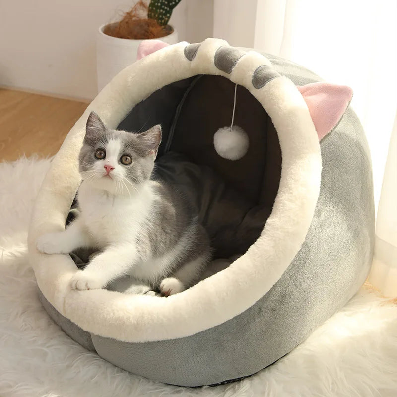 Fluffy Cat Bed with Warmth Insulation and Hanging Toy