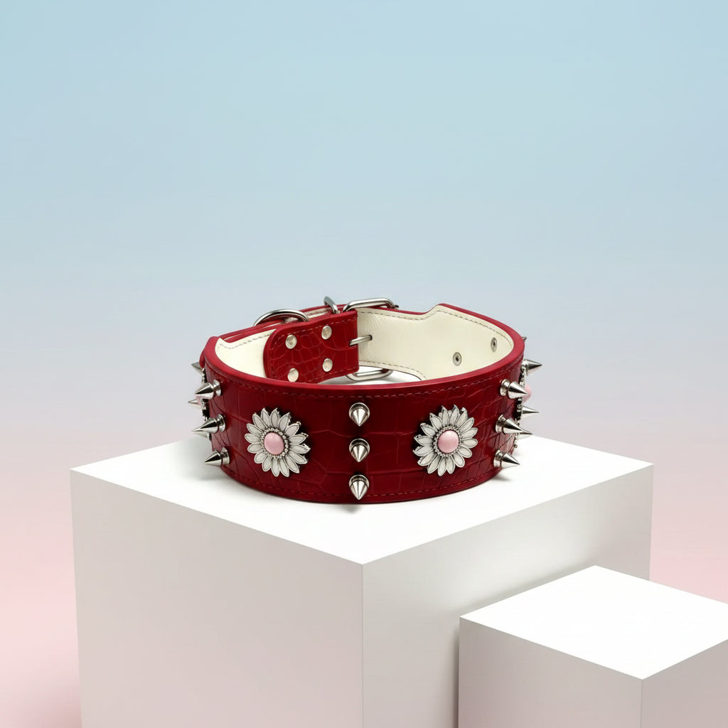 Riveted Punk Style Fashion Red Heavy Duty Large Dog Collar