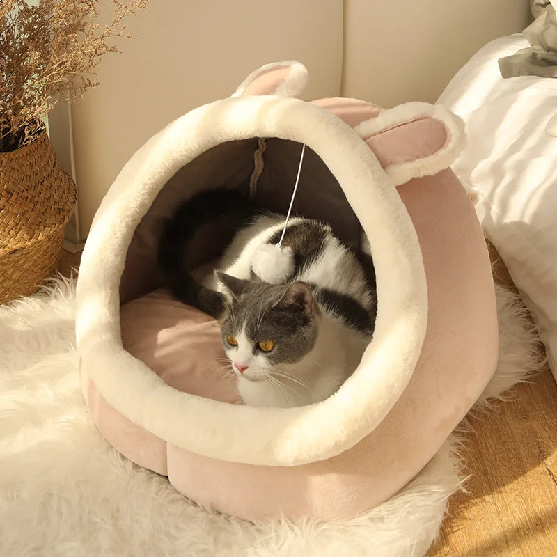 Fluffy Cat Bed with Warmth Insulation and Hanging Toy